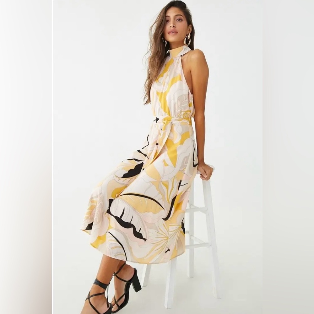 Floral Halter Neck Dress in Yellow and Black